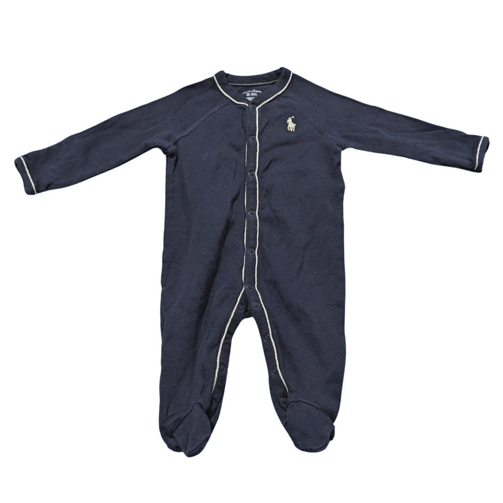 Ralph Lauren Baby Boy Navy Blue Footed Coverall Snap Front Sleeper 3M
